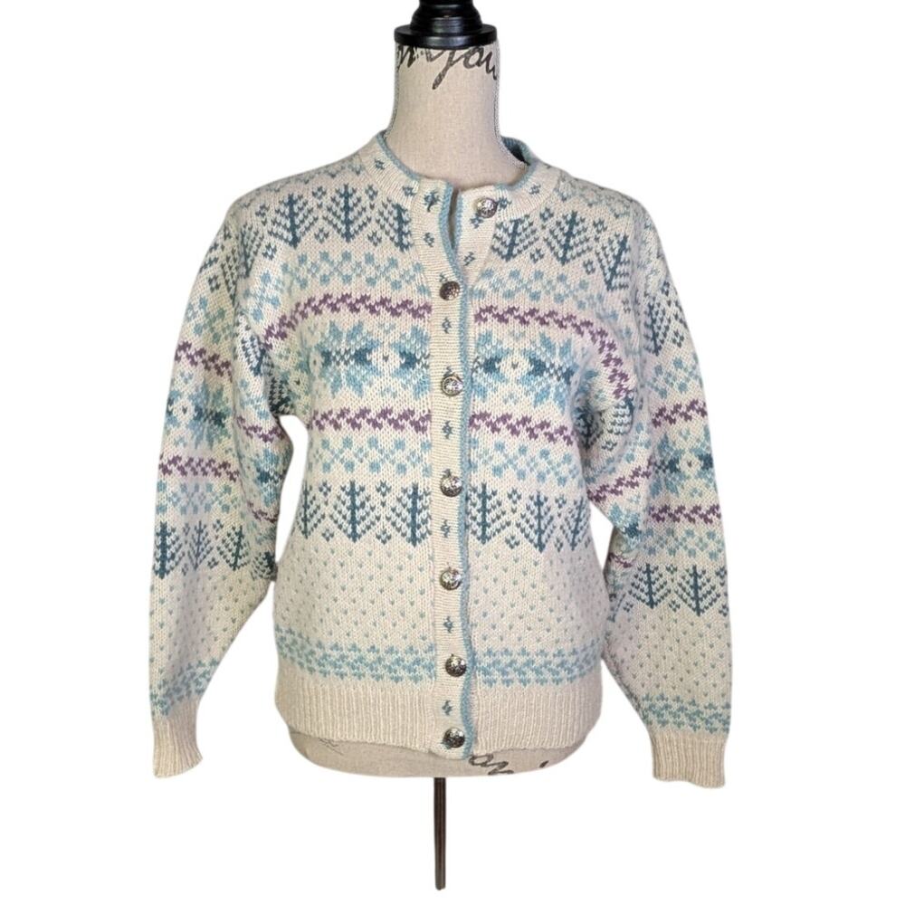 Vintage 80s LL Bean Wool Fair Isle Cardigan Womens S Nordic Made USA